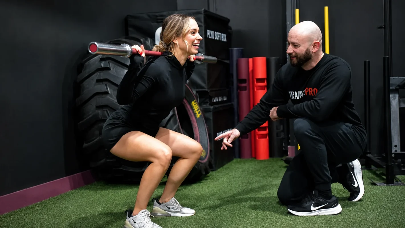 Personal trainer coaching a client through a squat exercise