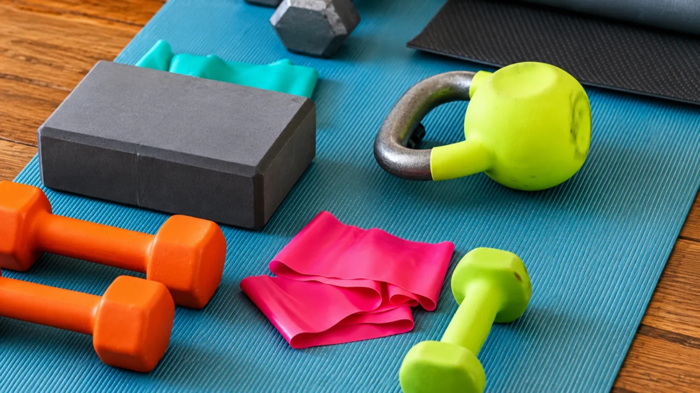 At-home training setup with a mat and resistance bands